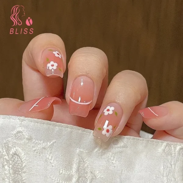 Bliss 24Pcs Press on Nails with Glue Cute Flower Love Heart Short Square Glossy Nail Extension Full Cover Salon Home Women Girls Fake Nails Kit "SF" - Image 4