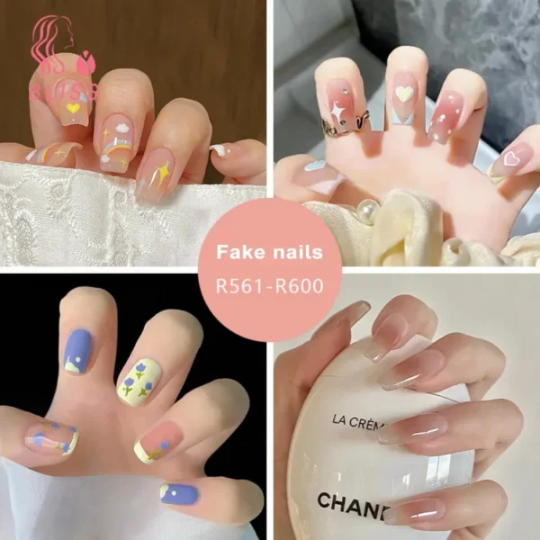 Bliss 24Pcs Press on Nails with Glue Cute Flower Love Heart Short Square Glossy Nail Extension Full Cover Salon Home Women Girls Fake Nails Kit "SF"