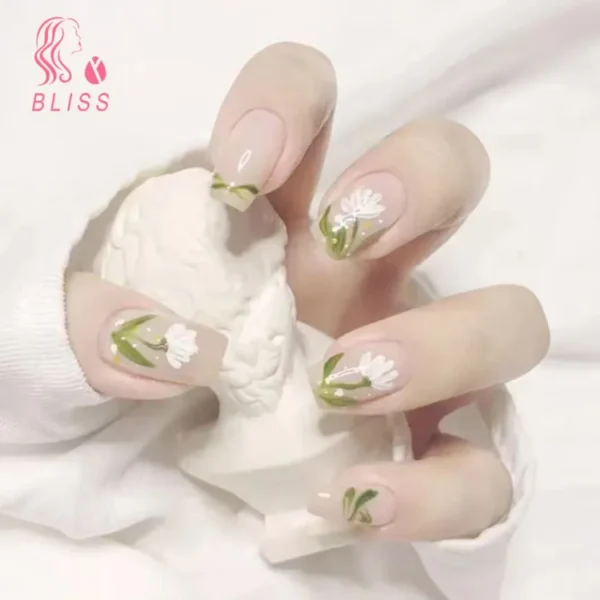 Bliss 24Pcs Press on Nails with Glue Cute Flower Love Heart Short Square Glossy Nail Extension Full Cover Salon Home Women Girls Fake Nails Kit "SF" - Image 5