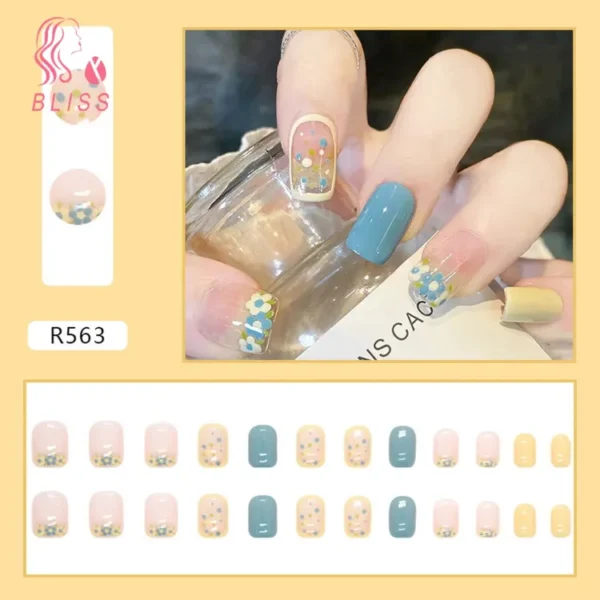 Bliss 24Pcs Press on Nails with Glue Cute Flower Love Heart Short Square Glossy Nail Extension Full Cover Salon Home Women Girls Fake Nails Kit "SF" - Image 3