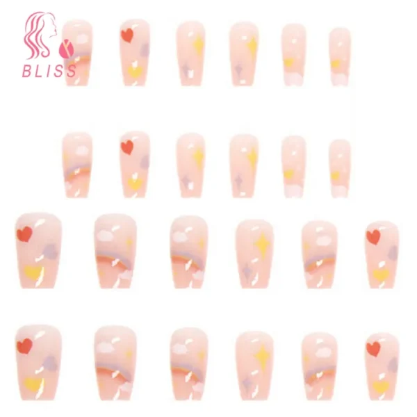 Bliss 24Pcs Press on Nails with Glue Cute Flower Love Heart Short Square Glossy Nail Extension Full Cover Salon Home Women Girls Fake Nails Kit "SF" - Image 2